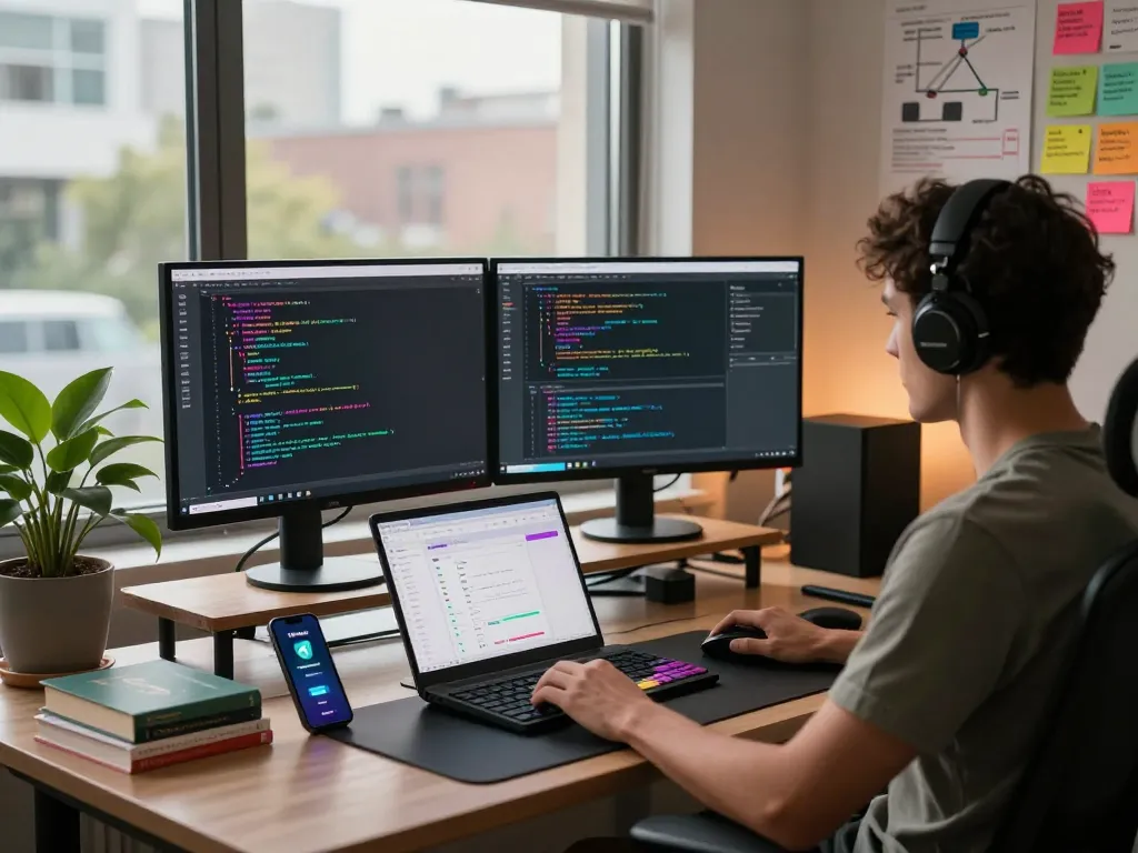 Moltbot AI developer coding at dual monitors in a modern workspace.