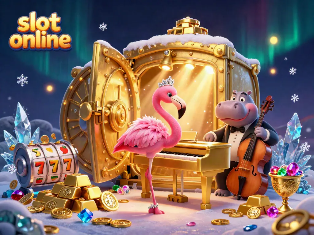 Putar slot online dengan suasana kasino yang meriah, menampilkan flamingo dan hippo di tengah tumpukan emas.