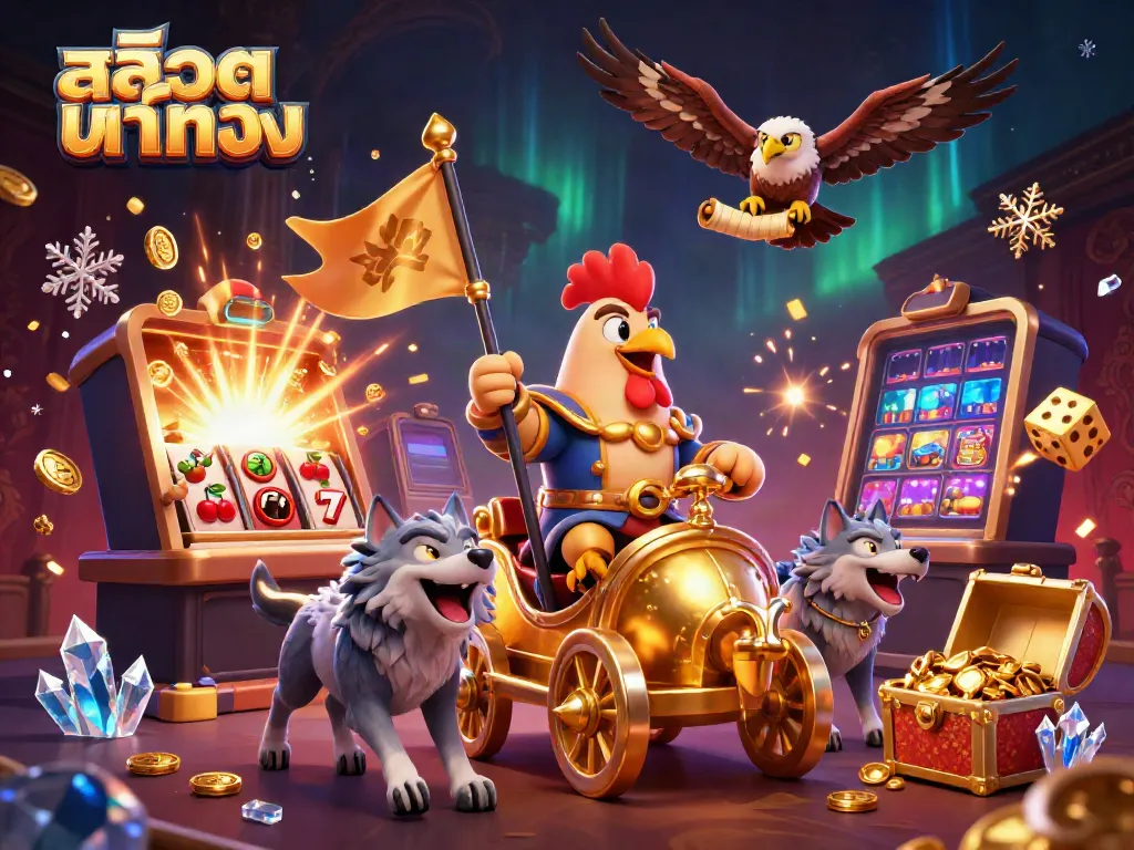Experience a vibrant casino scene featuring สล็อตแท้ตรง with a rooster warlord amidst jackpot thrills and dynamic game elements.