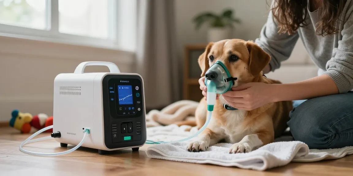 Providing oxygen therapy with a pet oxygen machine, ensuring better breathing for pets, showcases care and comfort.