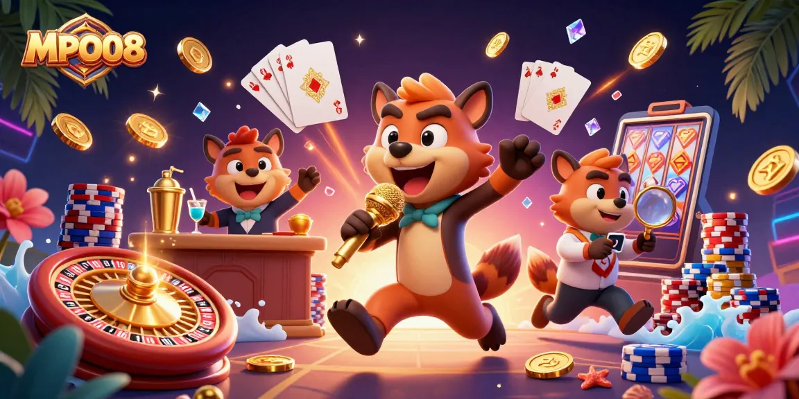 MPO08 showcases a lively 3D casino scene with hyenas engaging in comedic acts and vibrant gambling elements.