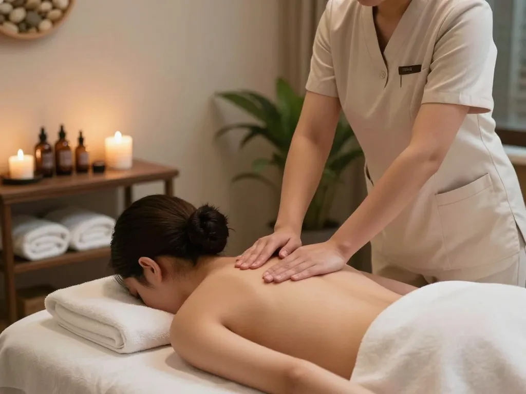 Professional 출장안마 session in a luxurious spa environment with soothing lighting and elegant decor.