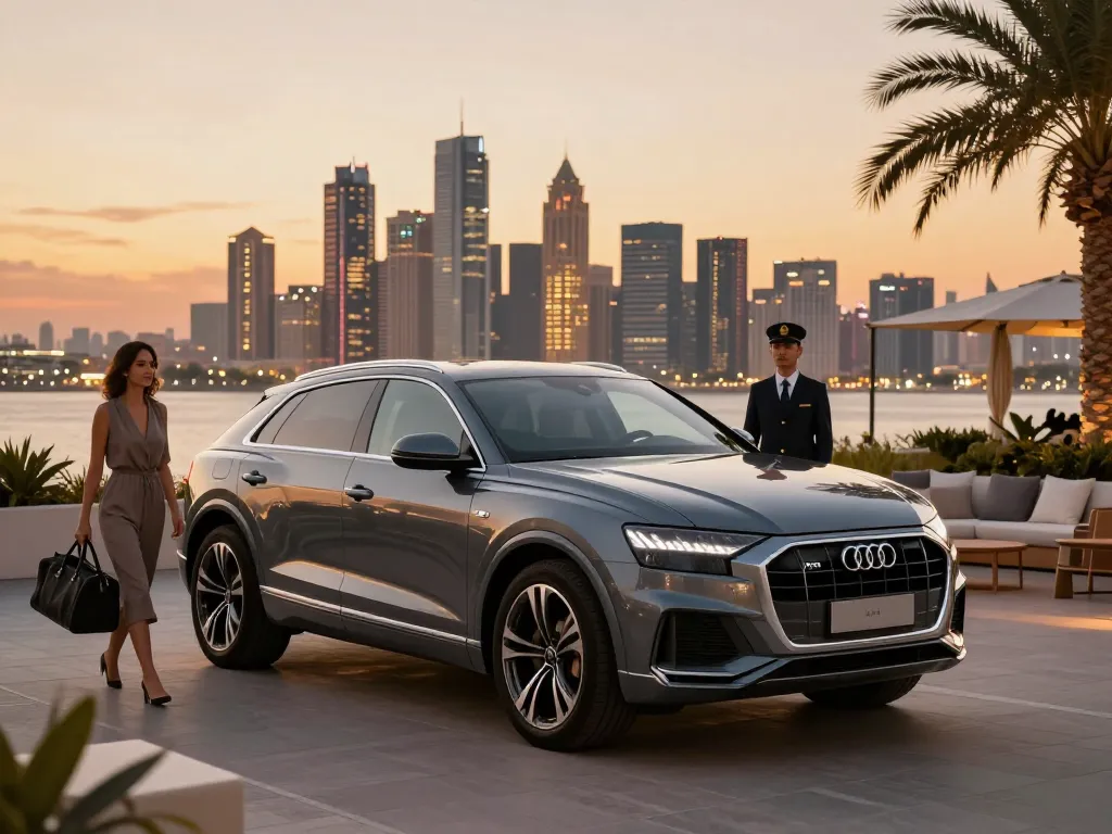 Trải nghiệm cho thuê xe ô tô hạng sang với Audi Q8 và tài xế chuyên nghiệp trong một bối cảnh thành phố cao cấp.