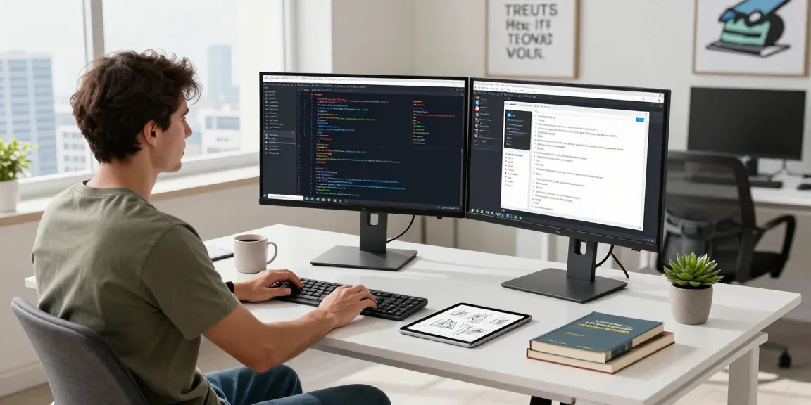 Workspace of a software developer at teiegramin.com, with dual monitors, coffee, and city view.