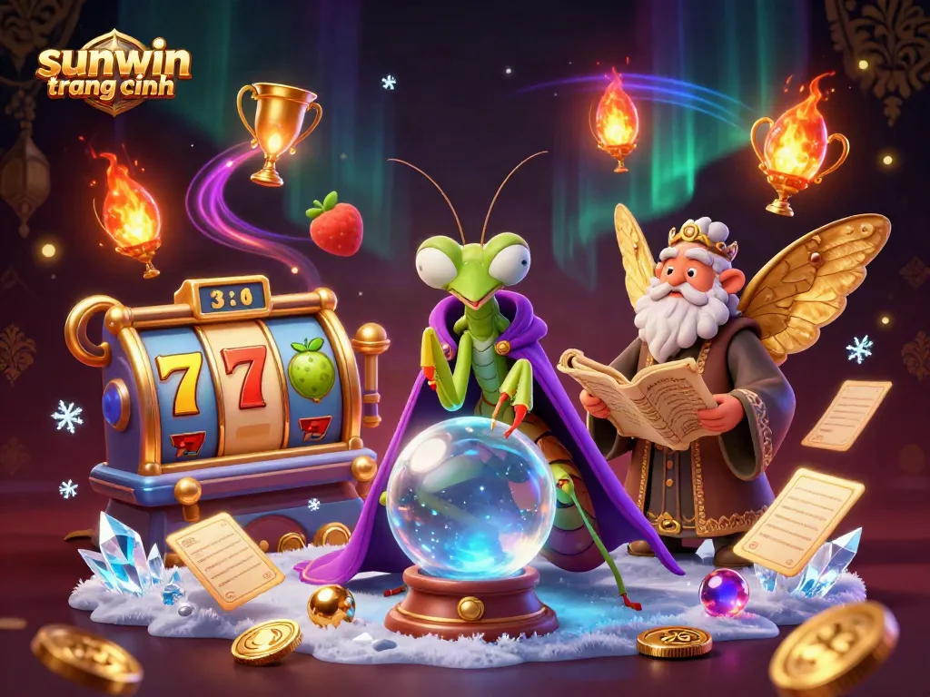Experience the excitement of sunwin trang chính with a thrilling 3D casino scene featuring vibrant slot elements and mystical characters.