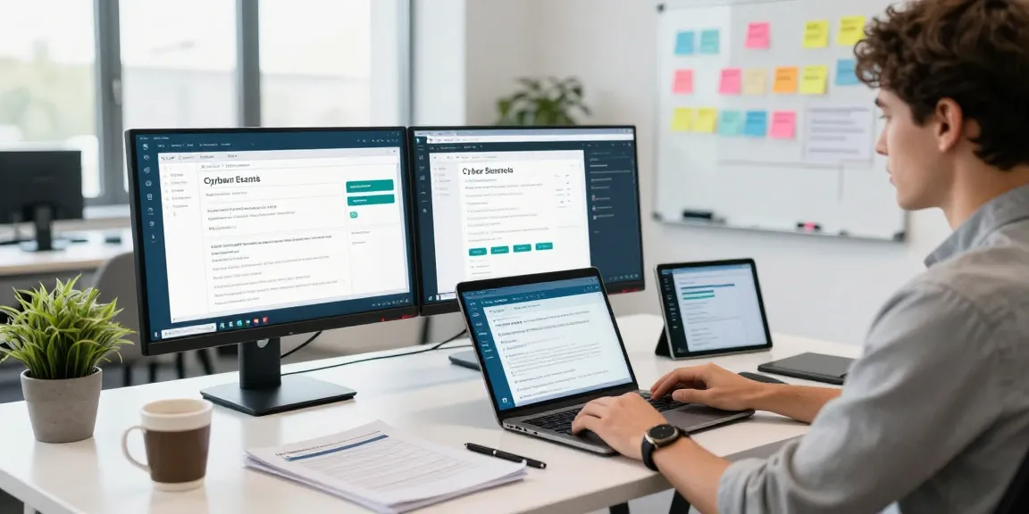 IT specialist reviewing cyber essentials requirements in a modern office setting with dual monitors and compliance documents.