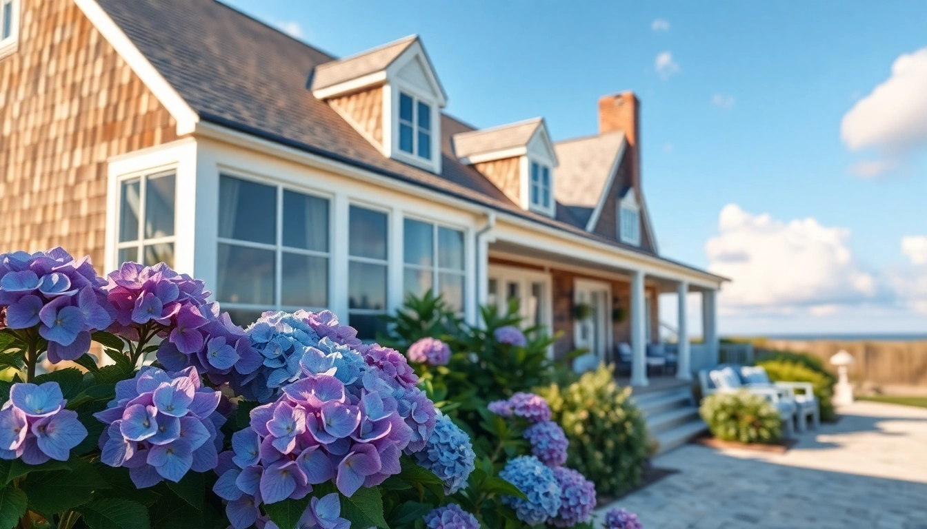 Cape Cod homes with vibrant hydrangeas, classic architecture in a serene beach setting.