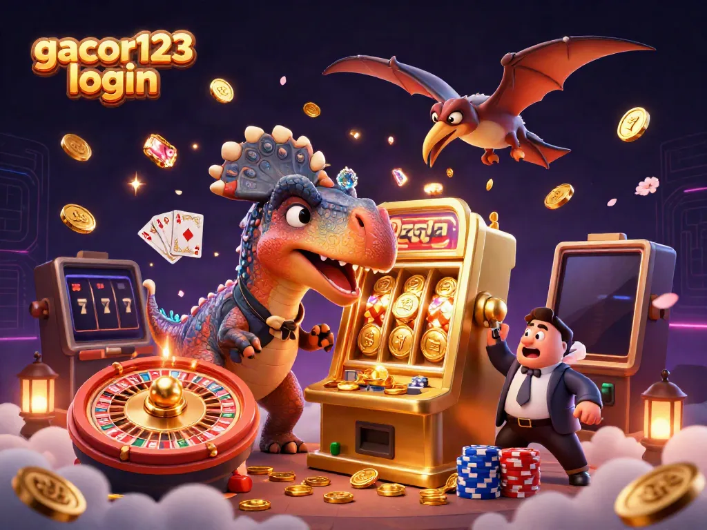 Experience the excitement of gacor123 login with a dinosaur winning big at a slot machine.