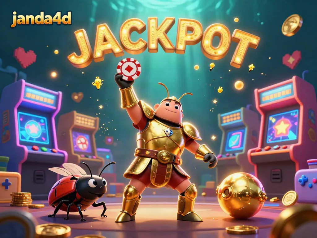 JANDA4D mempersembahkan ilustrasi menang dalam permainan kasino dengan karakter kumbang dan cahaya jackpot.