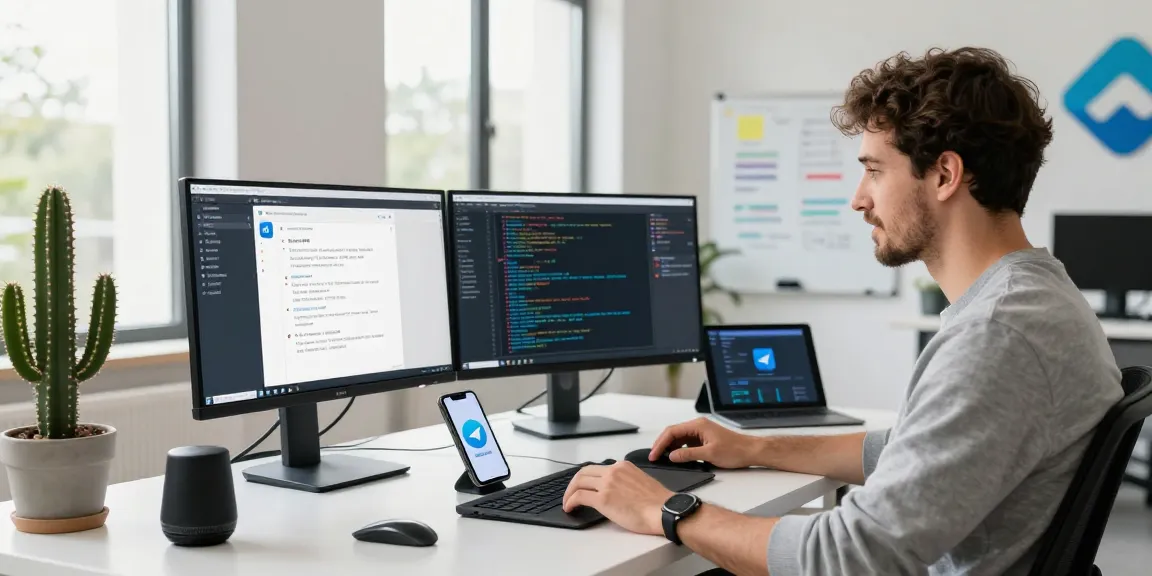 Developer using telegramin-cn.com in a modern tech workspace with multiple screens.
