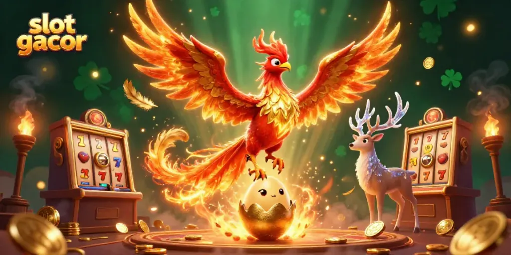 Experience thrilling slot gacor action with a phoenix and a mystical stag in this vibrant casino illustration.