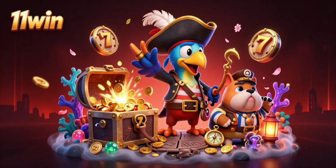 Engage with 11win's thrilling 3D pirate-themed treasure hunt in this vibrant casino illustration.