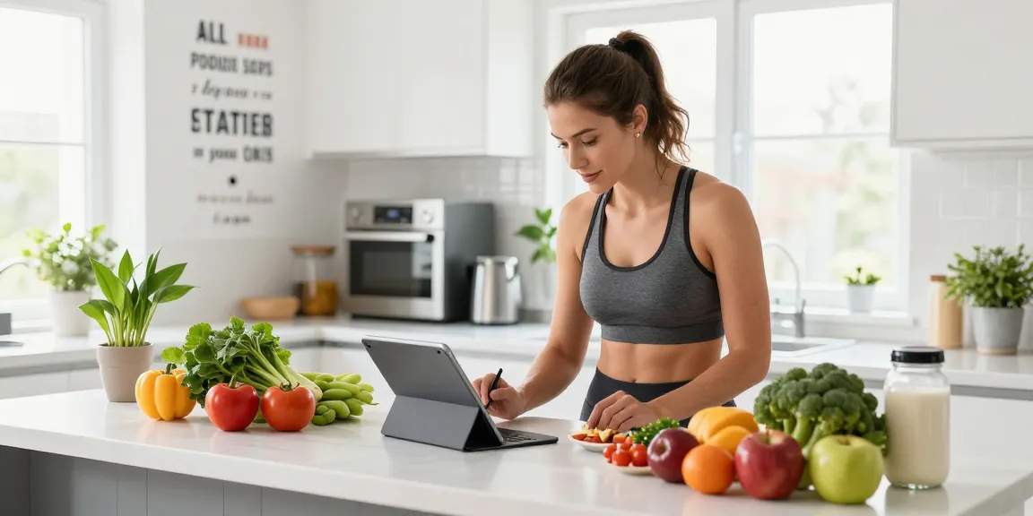 Captivating kitchen with a fitness enthusiast using the best food tracking apps to log healthy meals.