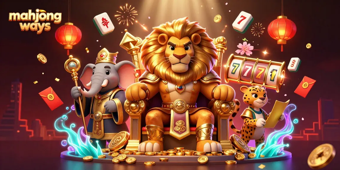 Experience mahjong ways with a fierce lion king and regal characters in a vibrant casino scene.