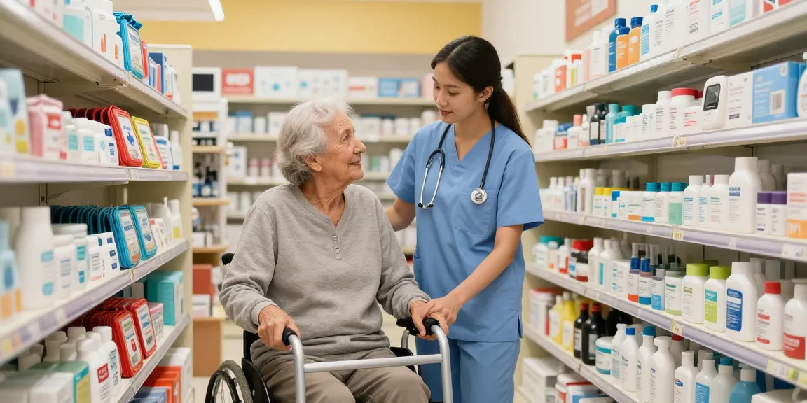 Customer receiving assistance at a 醫療用品店 with a variety of health products in a welcoming environment.
