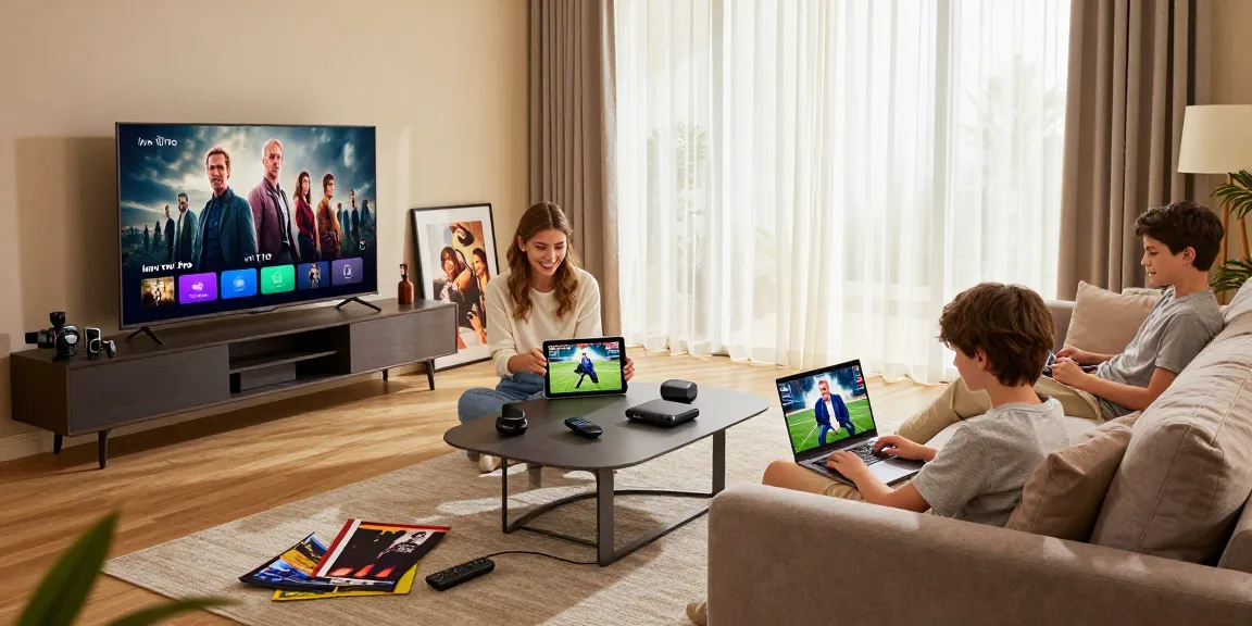 Family enjoying diverse media with Iron TV Pro in a cozy living room.