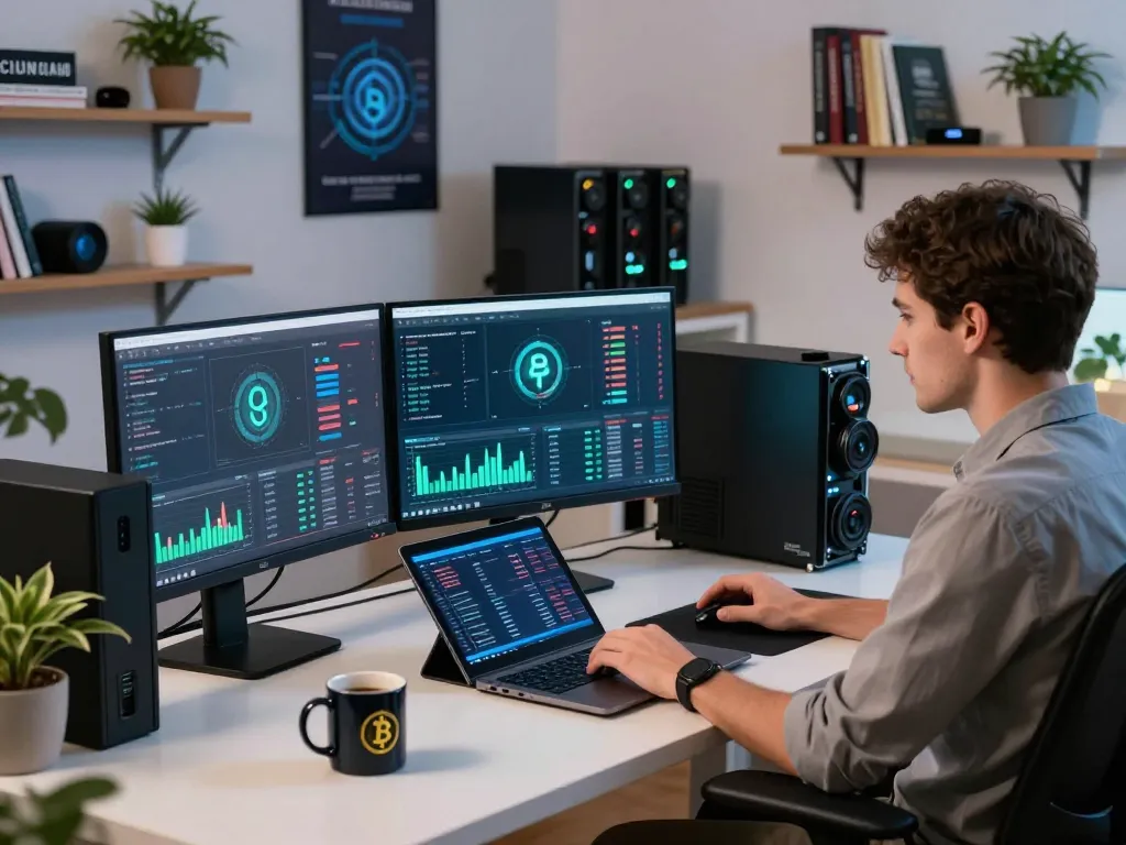 Engaging crypto cloud mining platform workspace showcasing monitors with mining stats and devices.