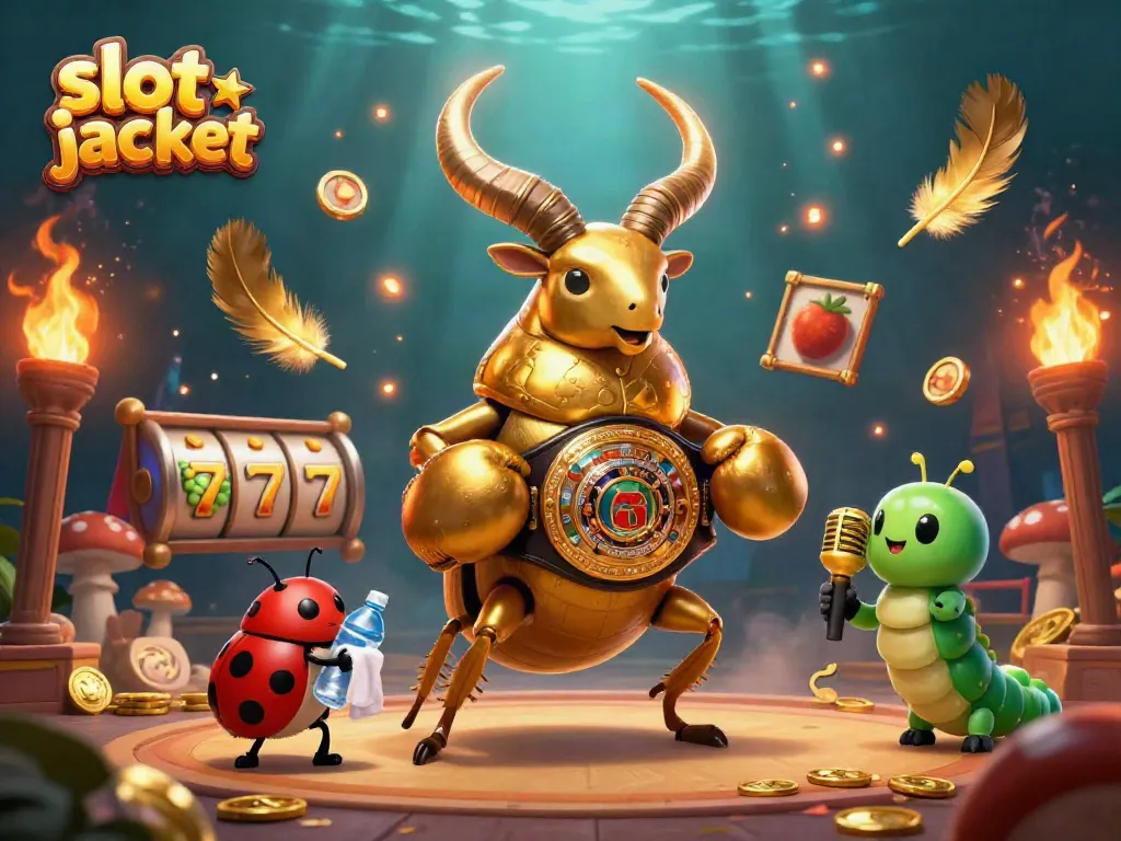 Engage with the slot jackpot action featuring a giant beetle and lively gambling atmosphere.