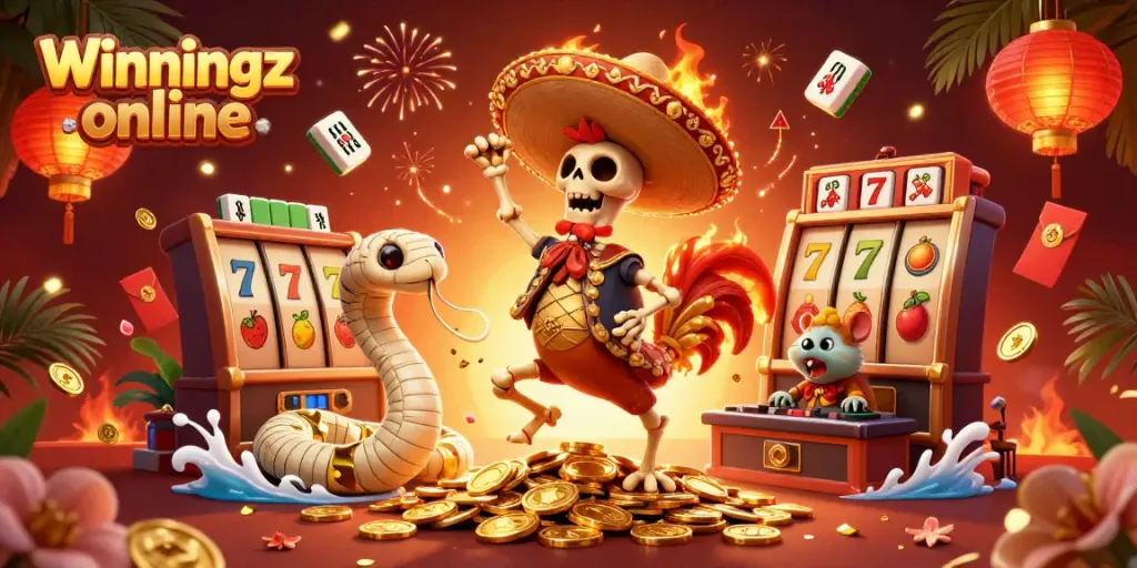 Experience vibrant gaming action with Winningz online, featuring a mariachi rooster and casino symbols.