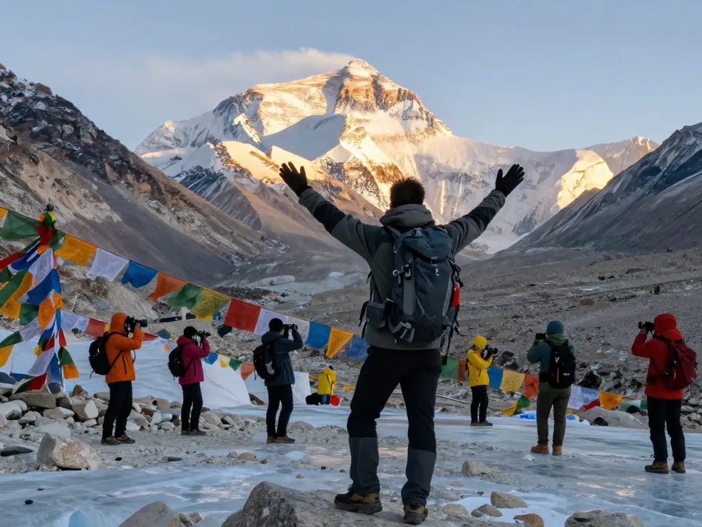 Everest Base Camp Trek scene with traveler celebrating at dawn, stunning Himalayan backdrop, and colorful prayer flags.