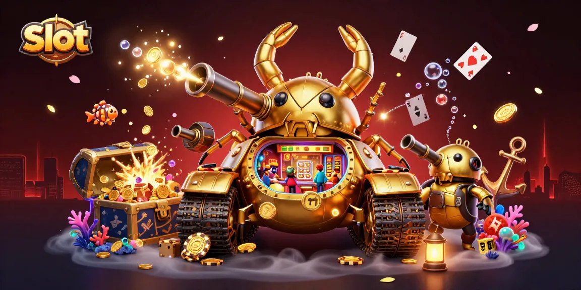 Engage with vibrant slot scenes, featuring a massive golden beetle tank and dynamic casino elements.