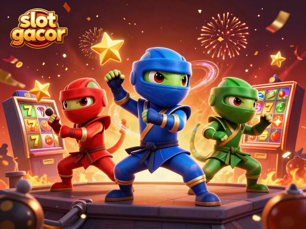 Menang besar dengan slot gacor di kasino, menggambarkan ninja kameleon dan simbol slot.