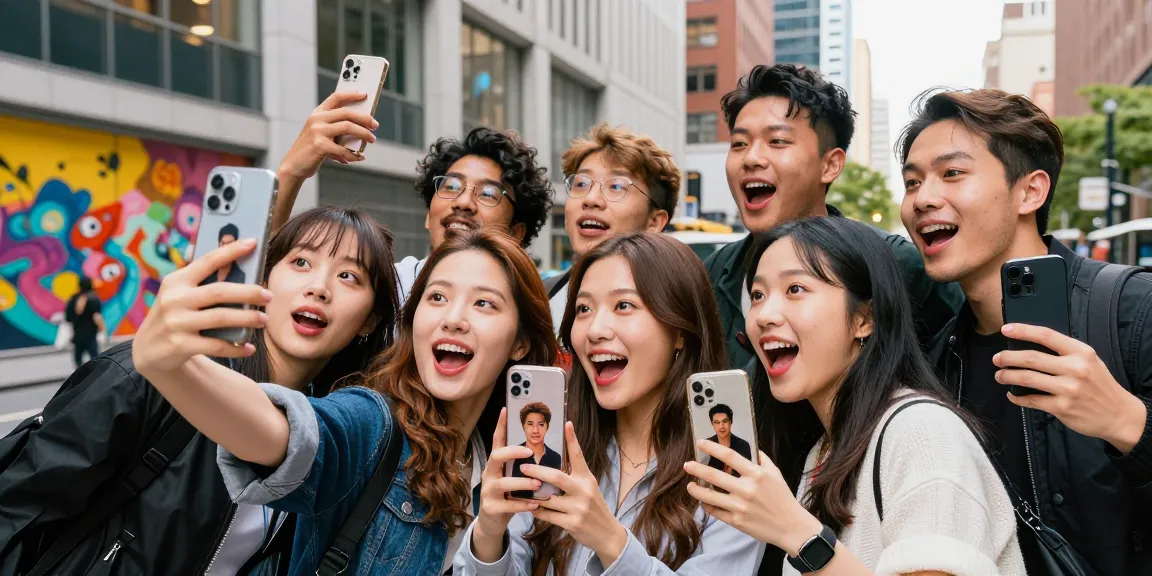 Friends discovering who looks like a celebrity with a selfie comparison in a vibrant urban setting.
