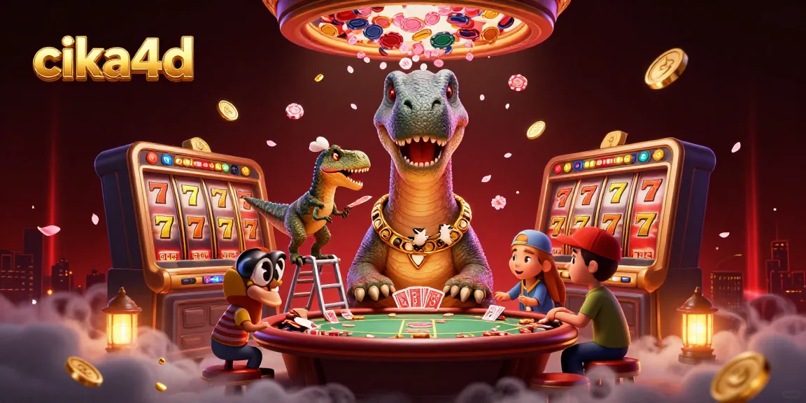 Engage with cika4d's vibrant casino universe featuring a dinosaur-themed poker showdown.