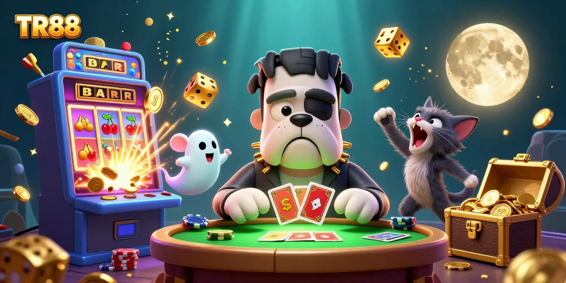 TR88 - Engage with exciting games as the Frankenstein bulldog monster deals cards in this playful casino scene.