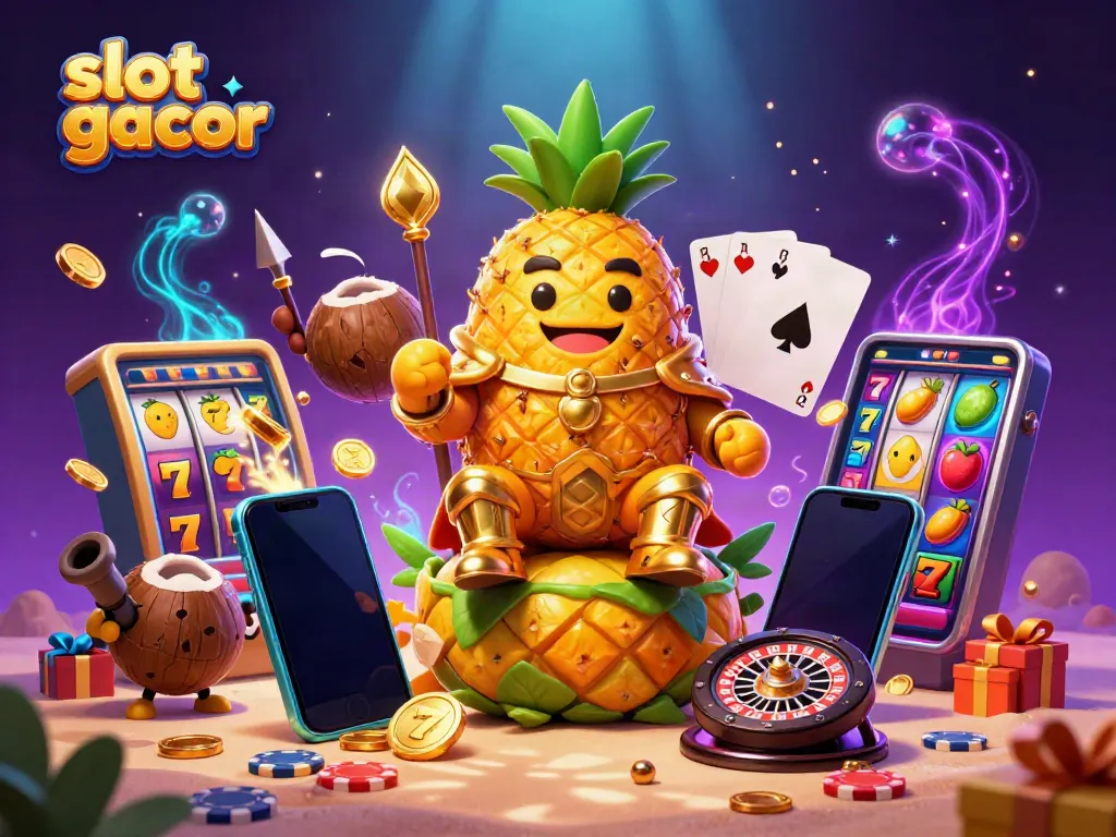 Engage in slot gacor fun with a vibrant scene featuring characters, slots, and casino elements.