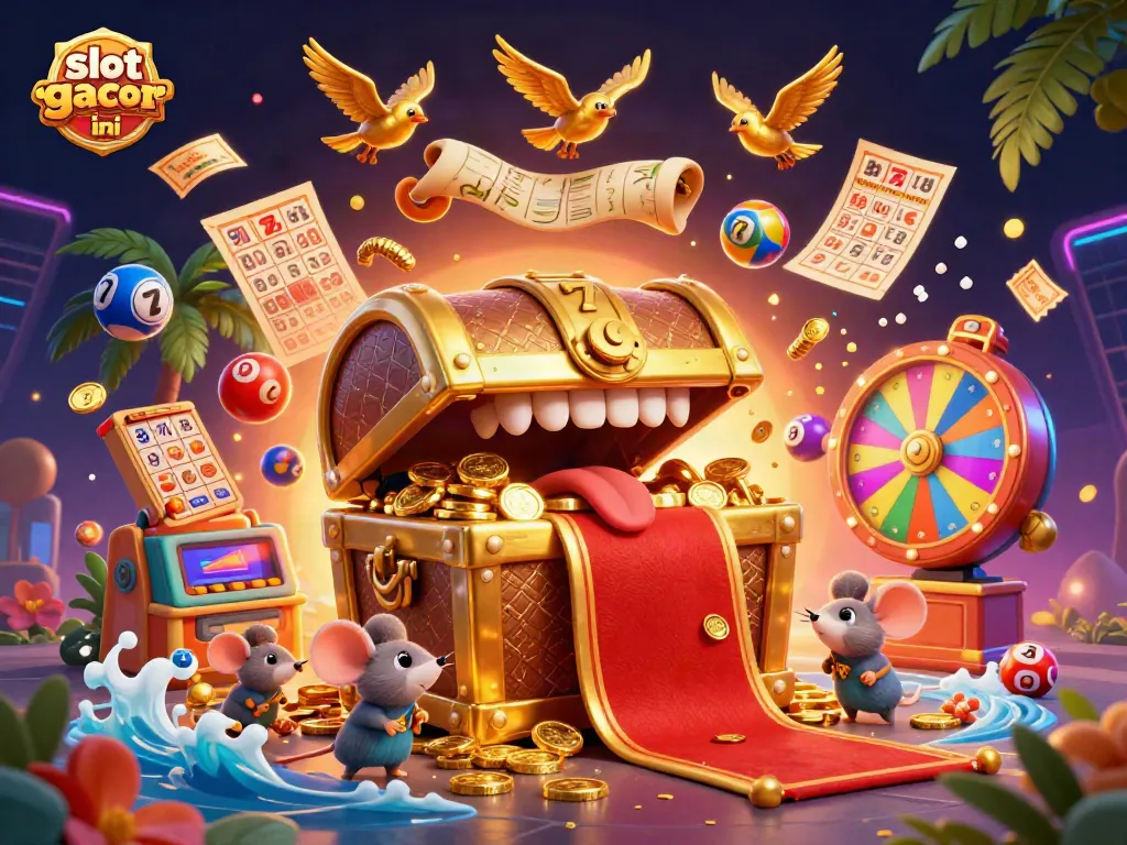 Ilustrasi 3D slot gacor malam ini yang menampilkan peti harta karun menarik dengan simbol dan elemen perjudian.