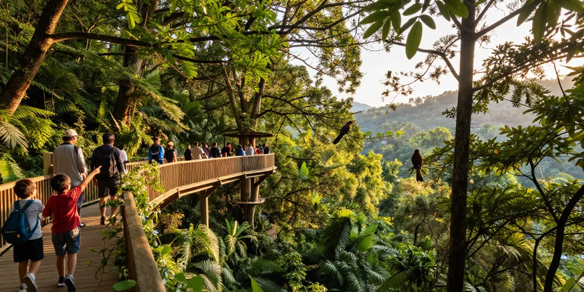 Treetop Walkway experience in a lush forest, visitors enjoying elevated views among trees during golden hour.