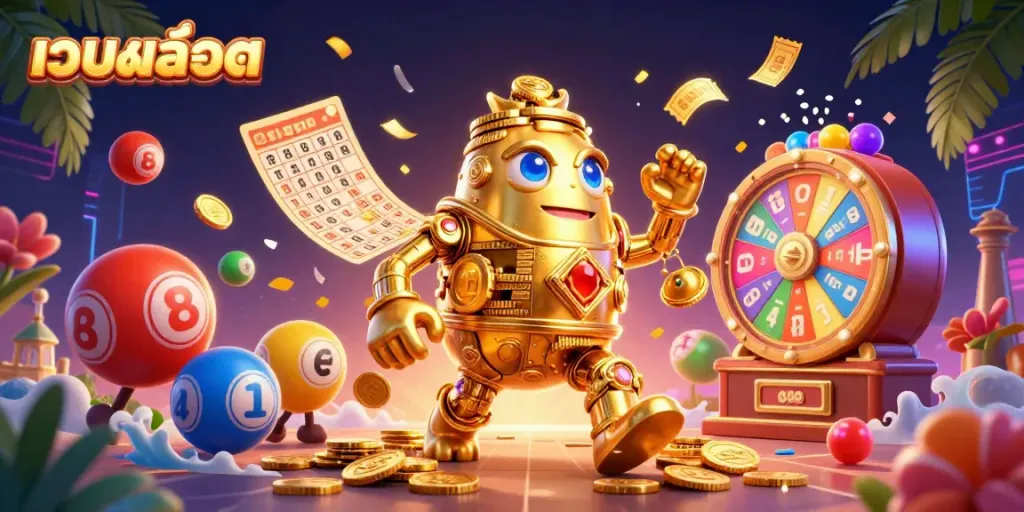 สนุกกับเว็บสล็อตที่มีภาพการ์ตูน 3 มิติของโกเลมทองที่สร้างด้วยเหรียญทองและสัญลักษณ์สล็อต