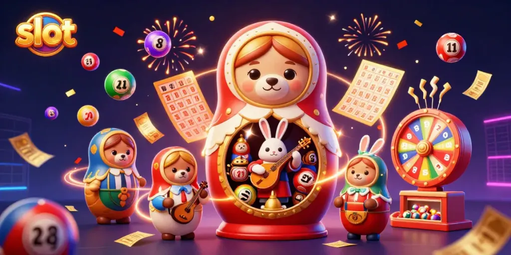 Mainkan slot kios yang menyenangkan dengan karakter beruang Matryoshka dan elemen kasino berwarna meriah.