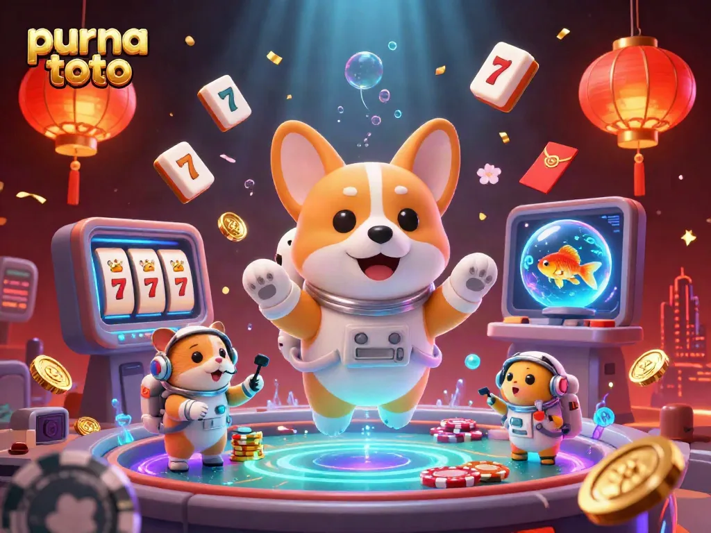 Slot gacor purna toto dengan karakter lucu di kasino luar angkasa, menampilkan koin emas dan elemen permainan