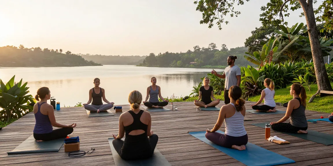 The immersive yoga teacher training in Sri Lanka features participants practicing yoga with a lake view, emphasizing tranquility and expert guidance.