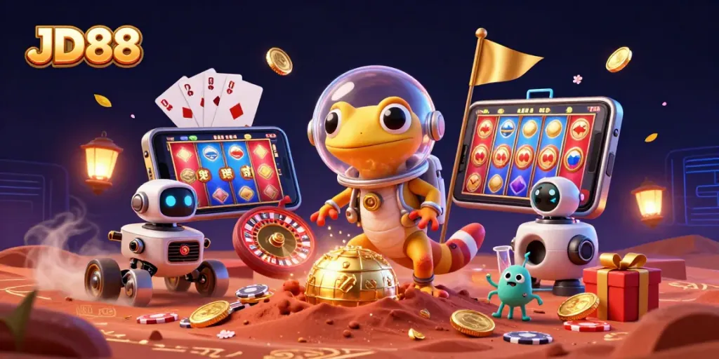 JD88 presents an engaging scene with a Martian gecko and casino elements, emphasizing thrilling gaming experiences.
