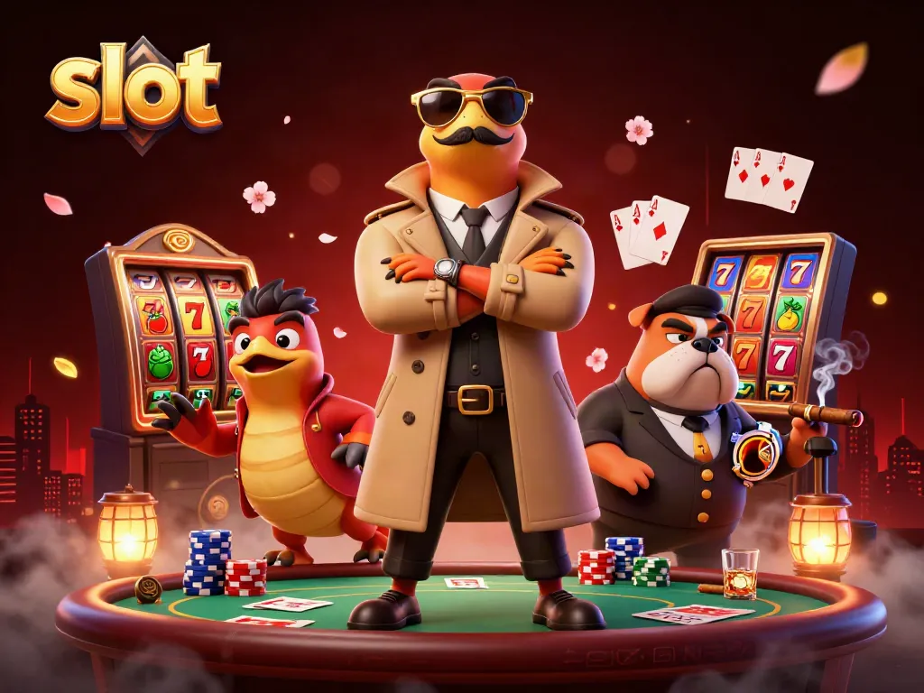 Exciting slot gaming scene featuring cartoon raptors and a bouncer in a vibrant VIP casino lounge