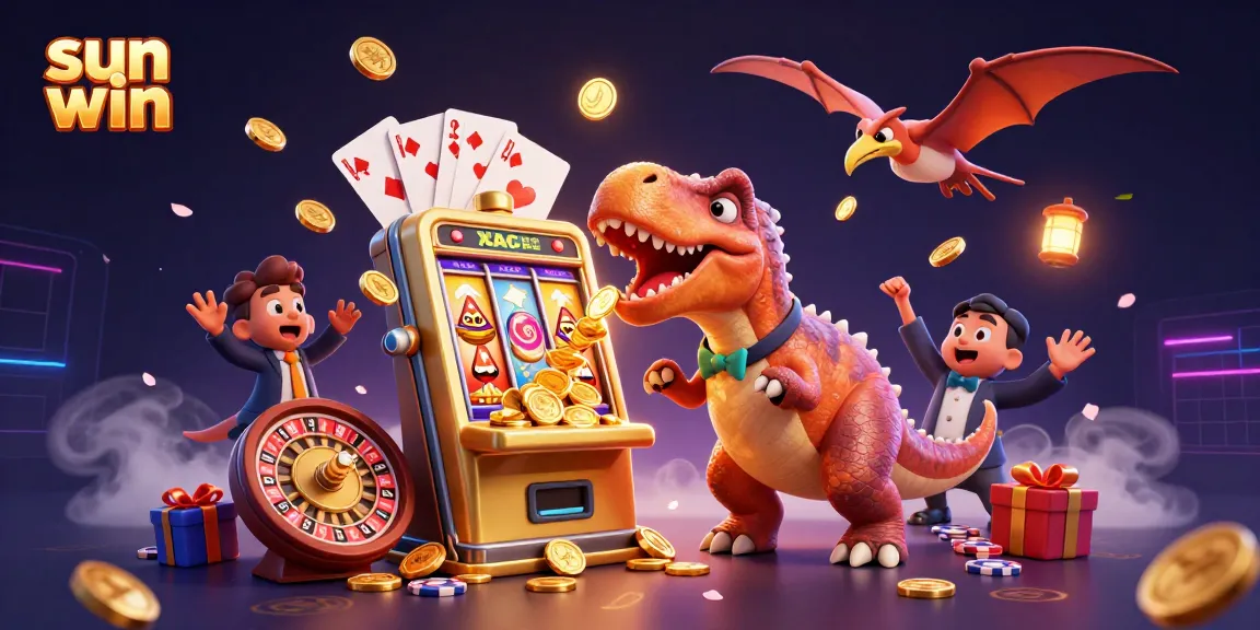 Engaging scene of sun win featuring a pachycephalosaurus celebrating a jackpot with casino elements and flying coins.