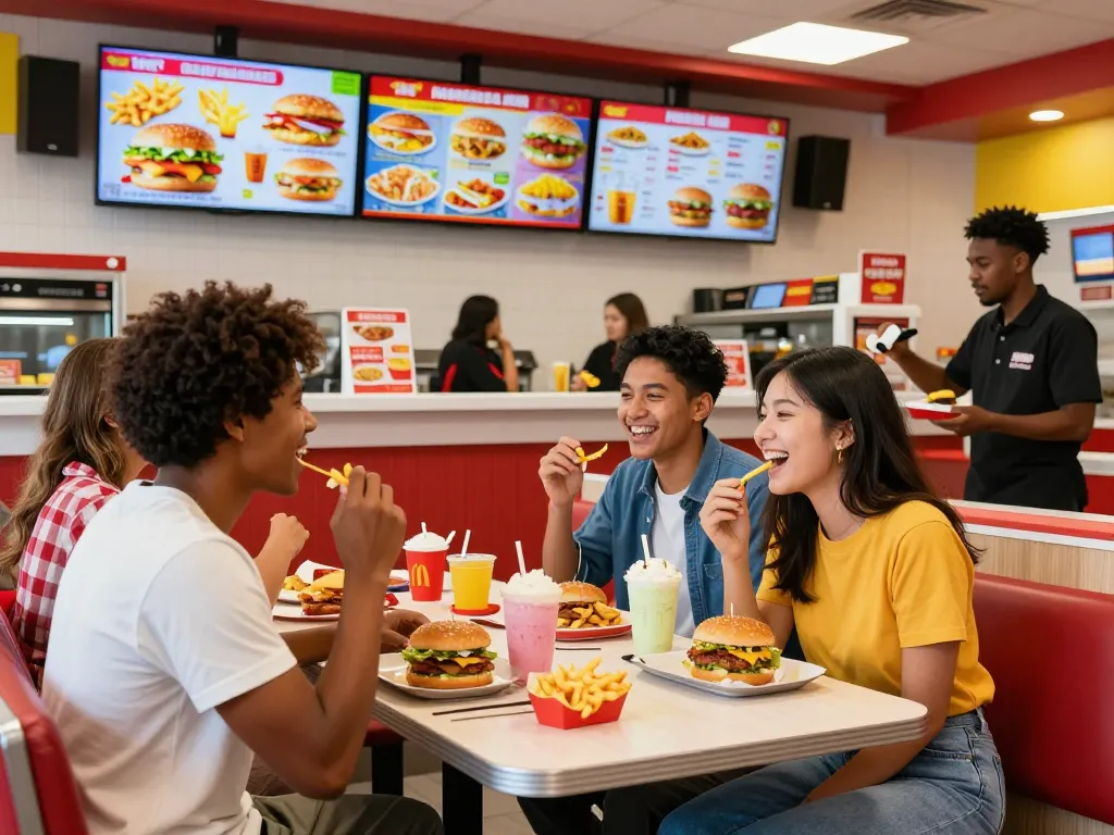 Friends enjoying diverse fast food menu items in a lively restaurant setting.