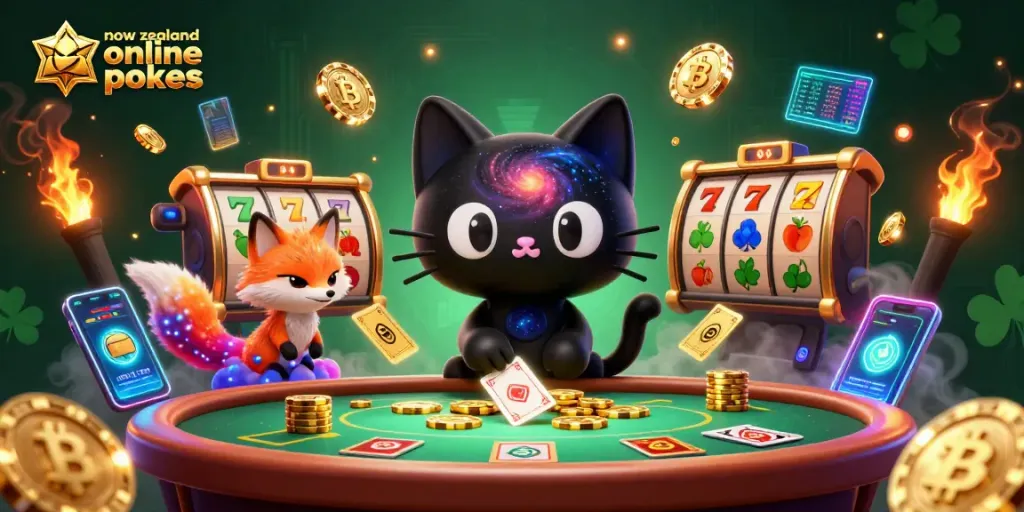 Engaging new zealand online pokies scene with animated characters at a cosmic casino table.