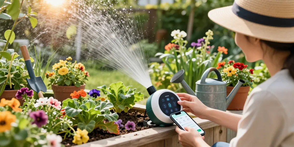 Using a rainpoint sprinkler timer to automate watering in a vibrant garden setting.