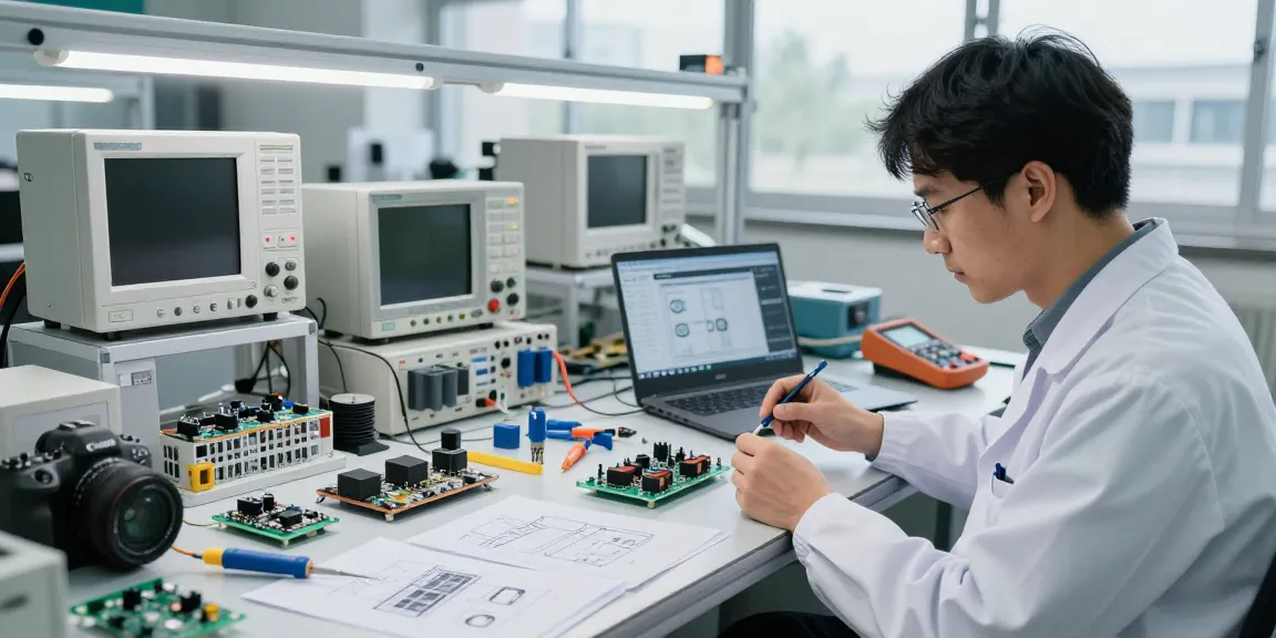 Technician analyzing piezo switch prototypes in a high-tech lab environment with advanced tools.