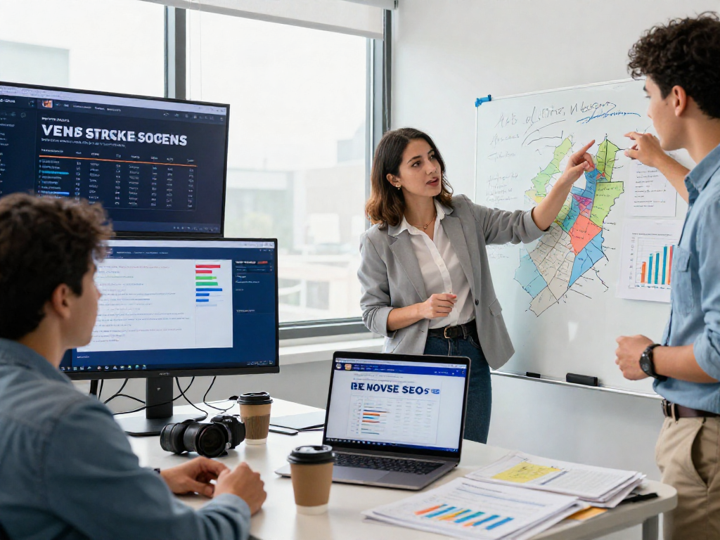 Political campaign strategy session utilizing reverse SEO services for voter data analytics.