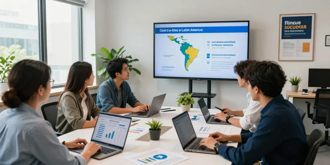 Team discussing the cost to hire in Latin America while planning recruitment strategies in a modern office.