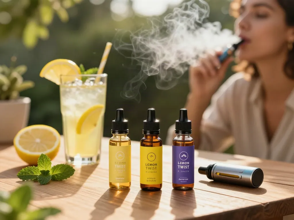 Lemon Twist E-Liquid showcasing vibrant flavors beside a refreshing lemonade in a sunny outdoor setting.