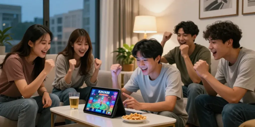 Youthful group enjoying the rokok88 slot game in a relaxed living room atmosphere.