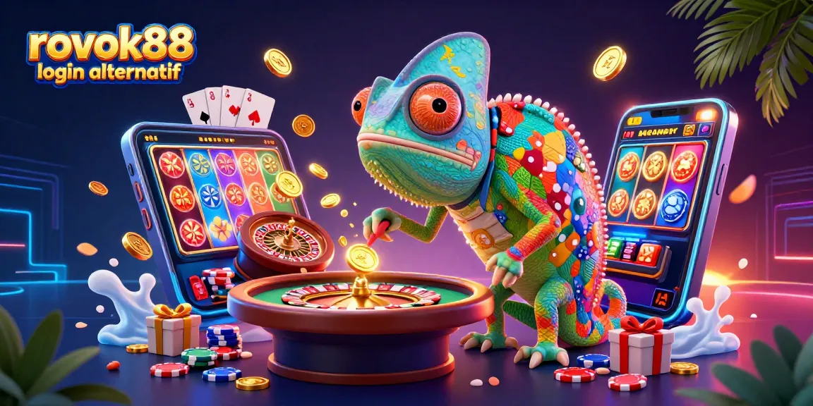 Engage with rokok88 login alternatif while a colorful chameleon owner interacts with vibrant slot and casino elements.