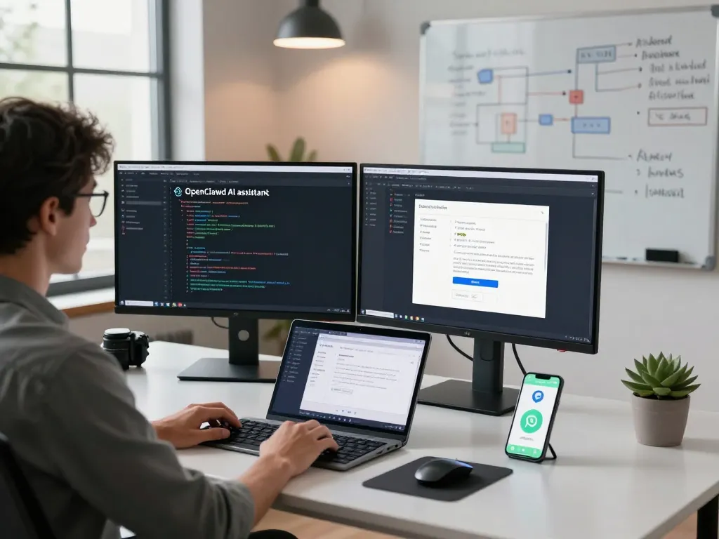 Deploying OpenClawd AI on a dual-monitor tech workspace with integration alerts.