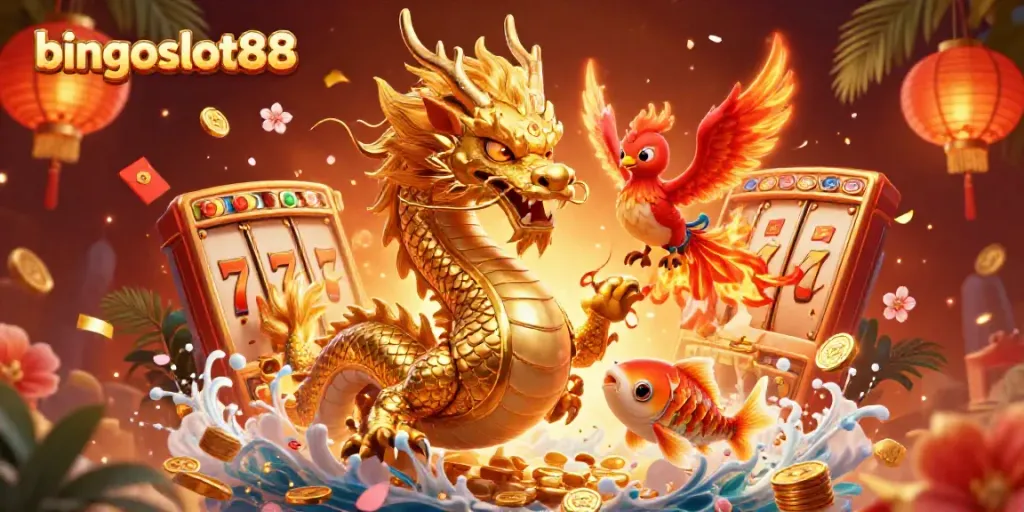 Rasakan keseruan bingoslot88 dengan naga emas dan phoenix di tengah koin berkilauan.